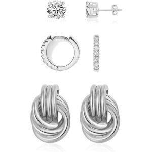3 Pairs Silver Hoop Earrings Set for Women Chunky Trendy Huggie Dainty Jewelry